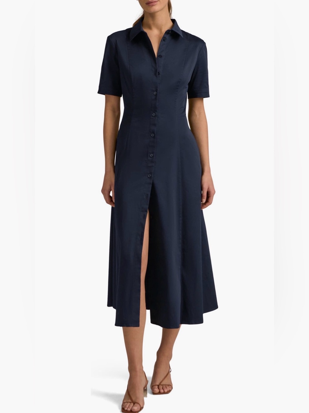Favorite Daughter Demure Stretch Cotton Navy Button-Front Midi Shirt Dress